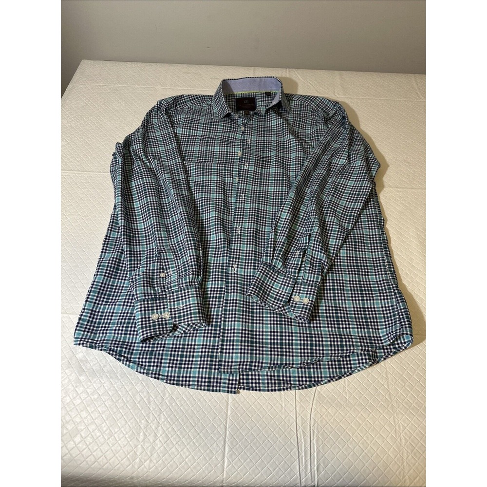 Tattersall London Men's 16-16.5 34/35 Long-Sleeve Button Dress Shirt Blue Check